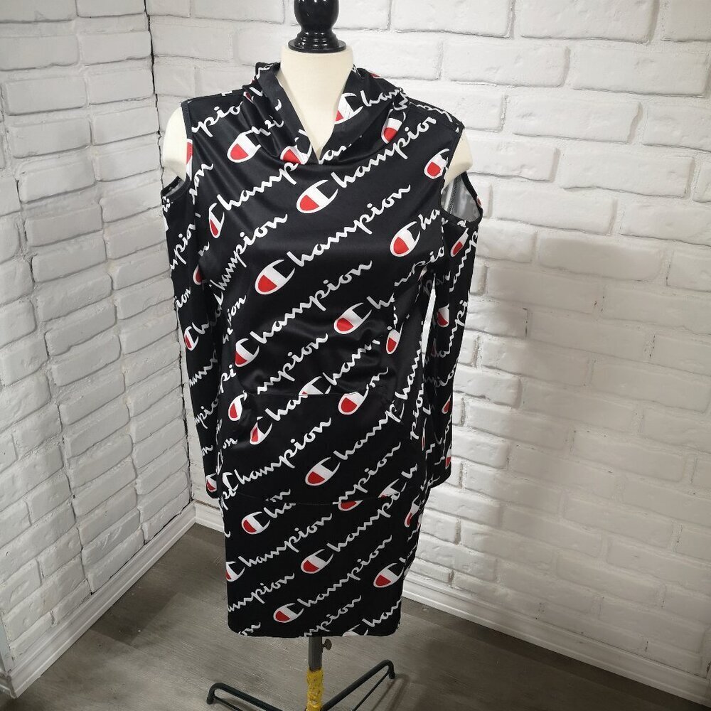 Champion Ladies Size XL Black White & Red Cold Shoulder Dress with Hood